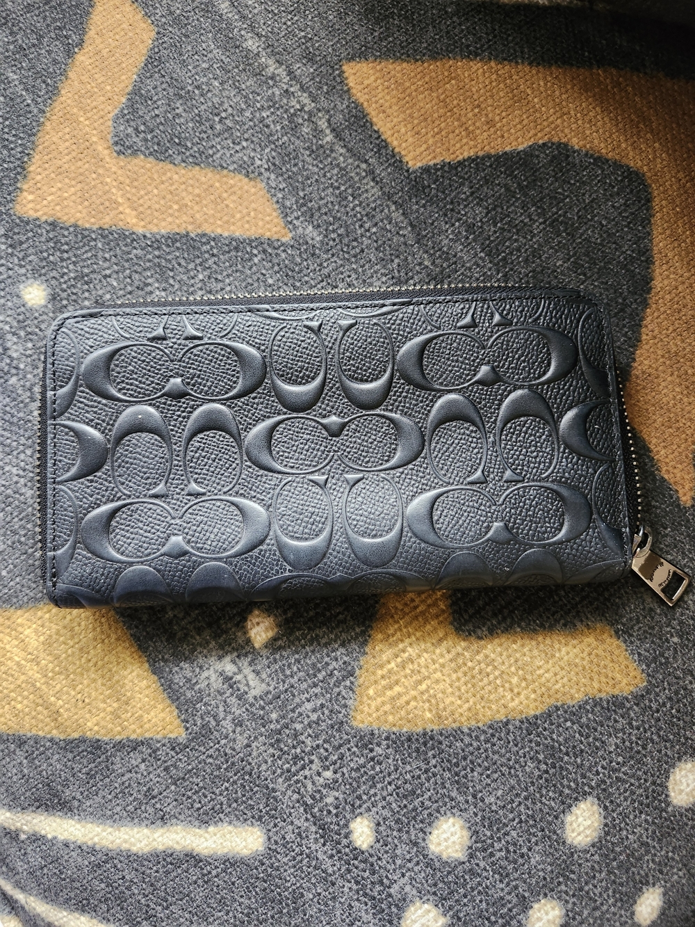 Coach Signature Debossed Leather Accordion Zip Wallet Black Charcoal Navy